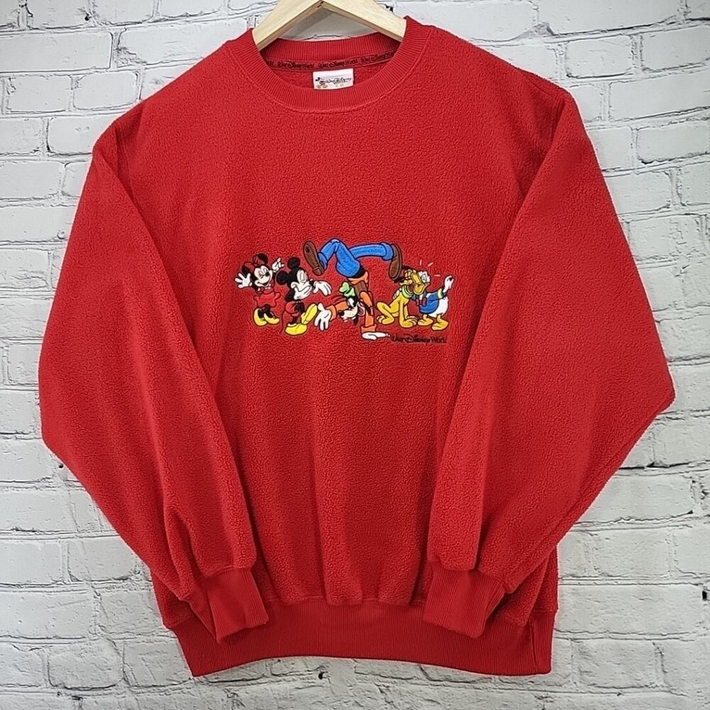Disney World Crew Sweatshirt S Fleece Embroidery Mickey Mouse Donald Goofy Y2K